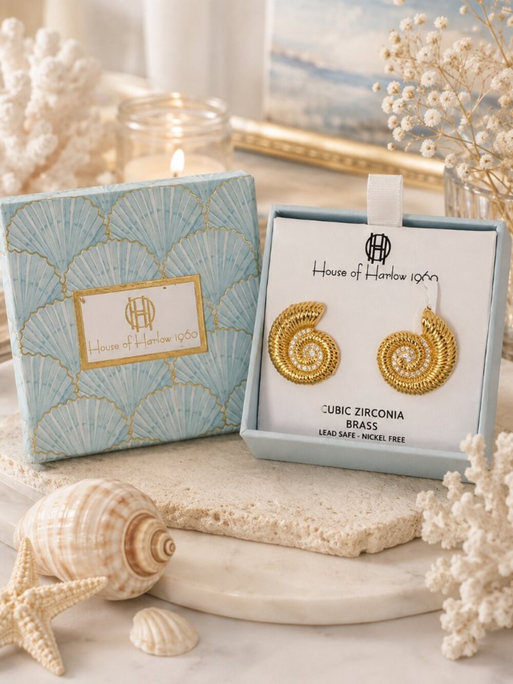 House of Harlow Gold Nautilus Seashell CZ Earrings New In Box